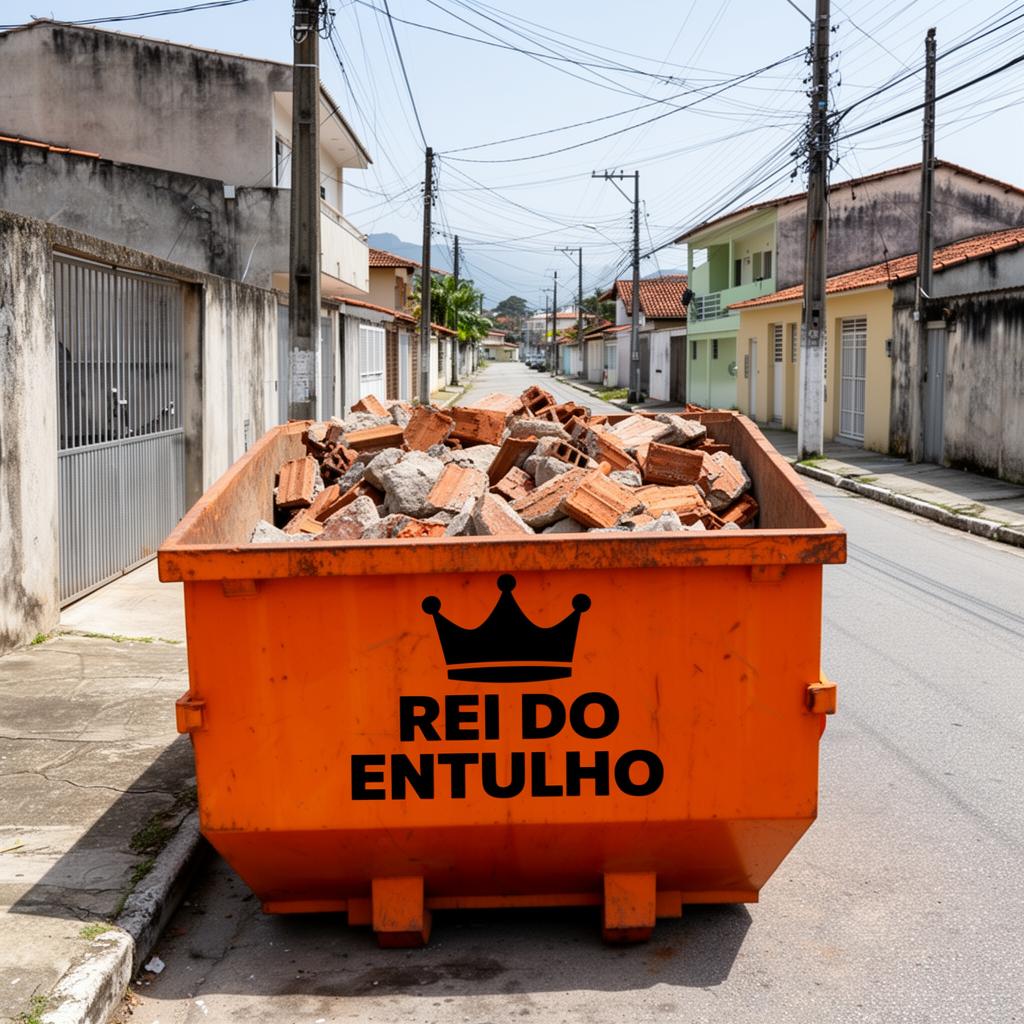 Caçamba Rei do Entulho cheia de entulho em rua residencial brasileira