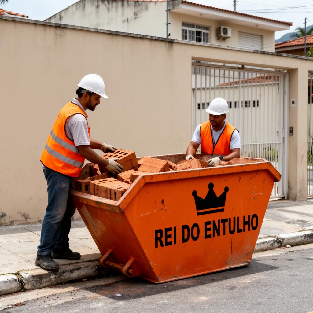 Trabalhadores carregando entulho em caçamba Rei do Entulho