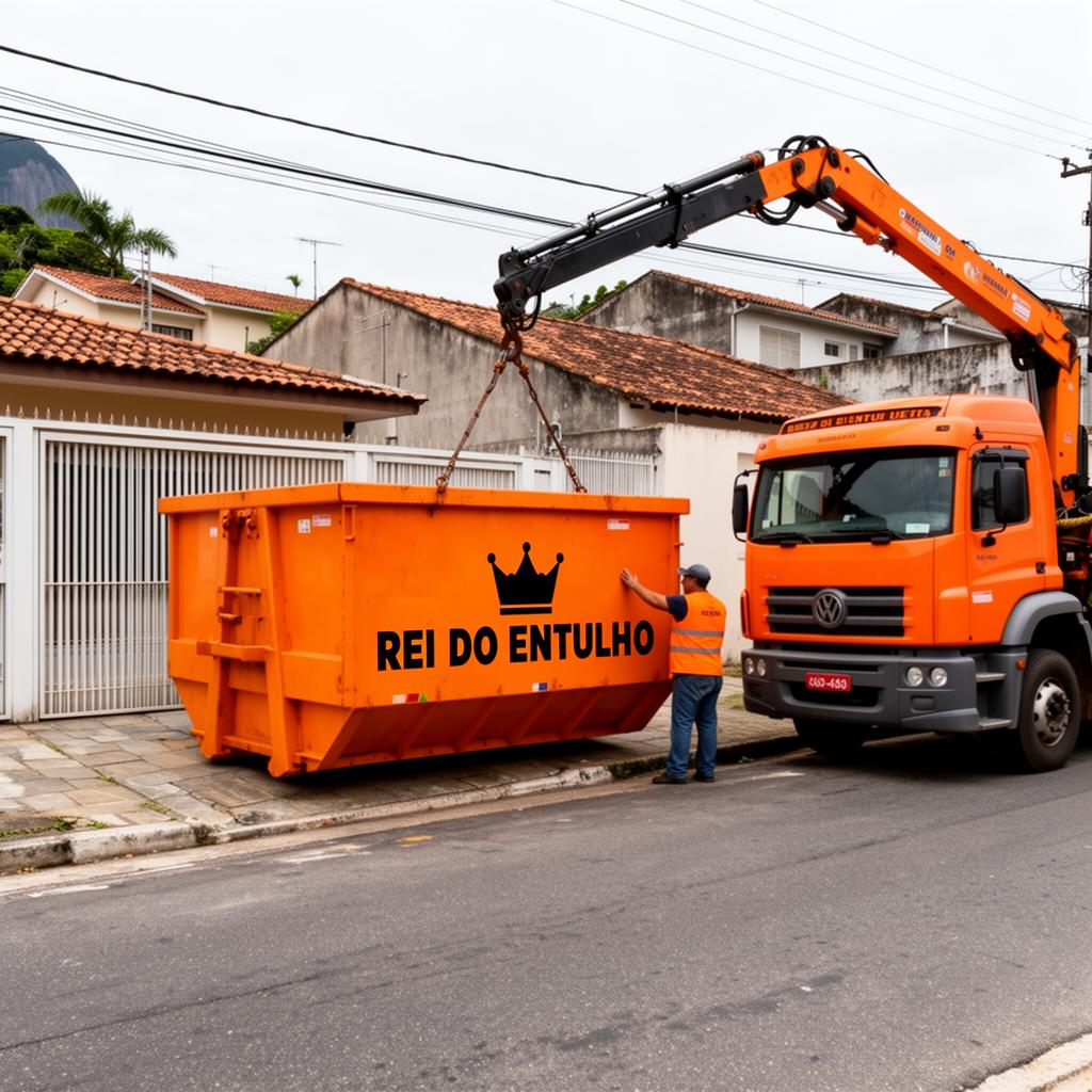 Caminhão Rei do Entulho entregando caçamba em rua brasileira